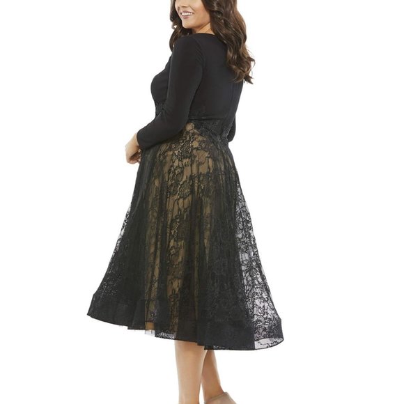 NEW MAC DUGGAL PLUS LONG SLEEVE JERSEY AND LACE BLACK NUDE COCKTAIL DRESS BLACK - Picture 2 of 7